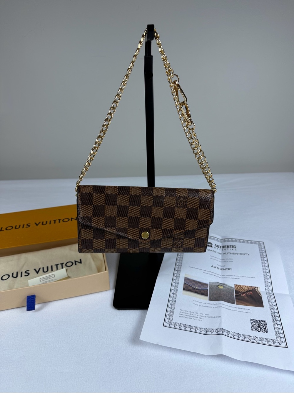 Louis Vuitton Damier Ebene Sarah Wallet with Chain, Box & Dustbag